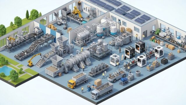 A 3D isometric illustration of a large industrial facility with various machines