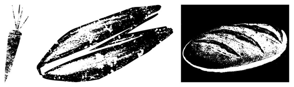 Classic black and white halftone renderings of vegetable and bread, rustic food, vintage graphic style, textured vector art, culinary symbols.