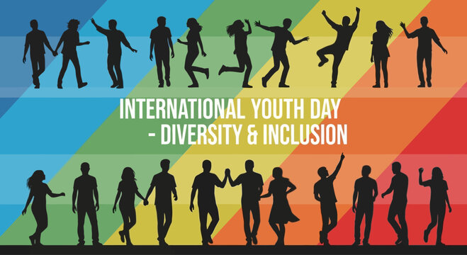 Silhouettes of diverse young people standing and dancing together in unity.