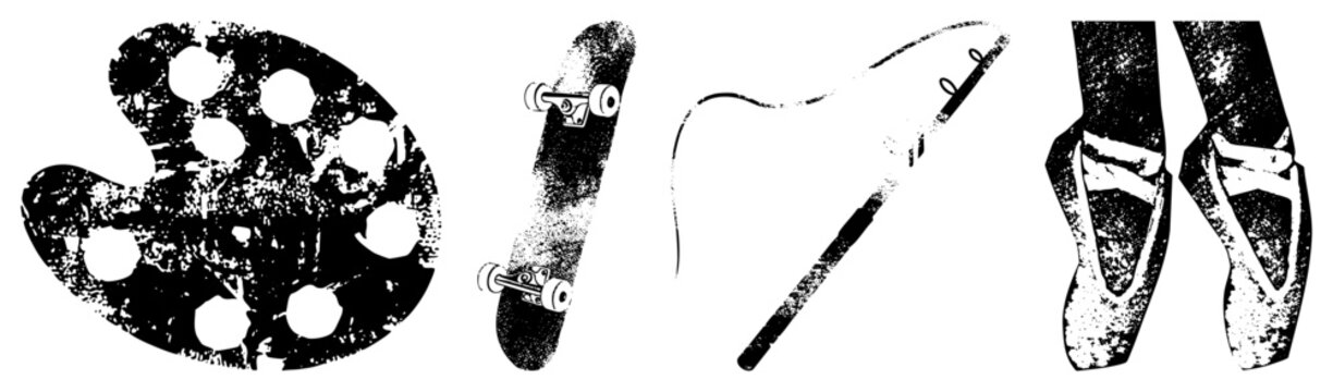 Creative tools for artists paint palette, skateboard, paintbrush, ballet shoes, all rendered in gritty halftone style.