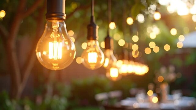 Decorative string lights illuminate a garden party setting, creating a warm and inviting atmosphere.