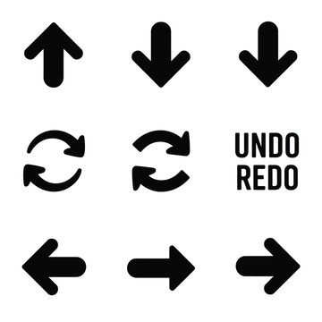 Undo redo arrows set, circular refresh icons, up down left right pointers, interface navigation, editing tools, workflow control, silhouette vector