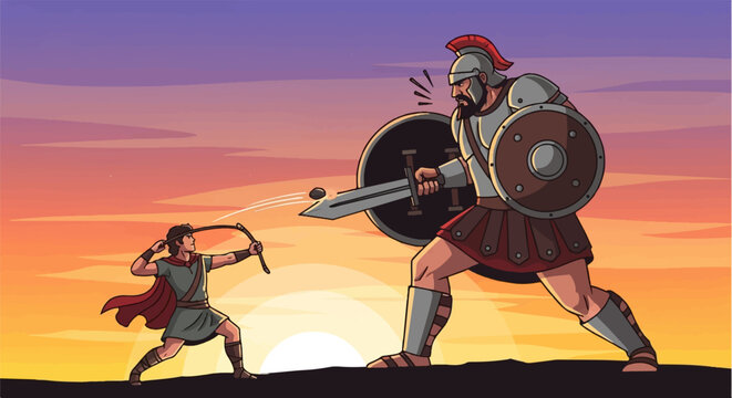 Brave warrior faces giant adversary against dramatic sunset backdrop