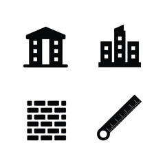 Naklejka premium Highrise building icons with brick wall and ruler, contractor estimate session, quantity surveying workshop, property renovation expo, silhouette vector design