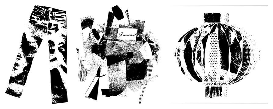 Graphic composition of fragmented jeans, invitation card with cursive text, and lantern, rendered in halftone dot textures and bold black shapes, vector art style.