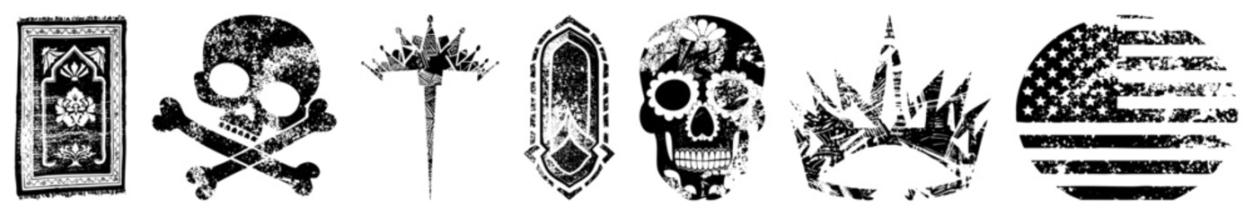 Obraz premium Distressed skull,, and crown with and geometric, black and white vector art, vintage tattoo or emblem style.