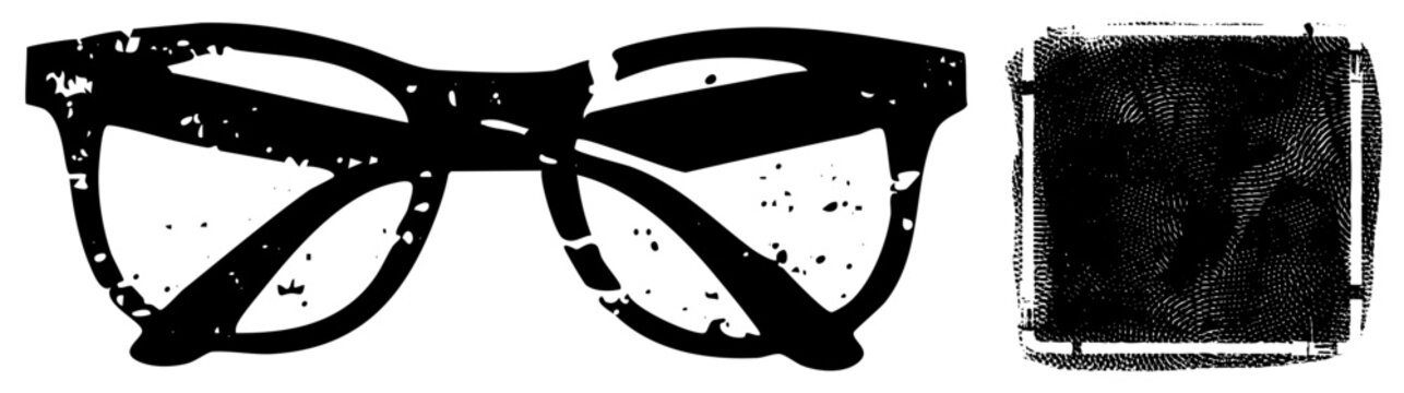 Retro eyewear with weathered black frame, speckled lenses, paired with gritty fingerprint square. Classic optical accessory, vintage eyeglass design, graphic.