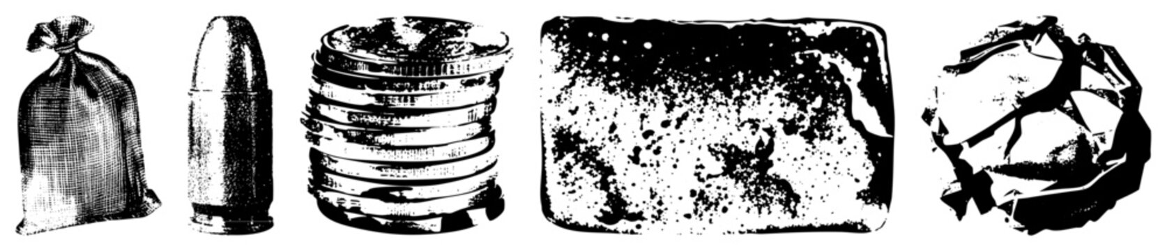 Bag of money, bullet, coin stack, rusted metal plate, crumpled paper symbolic items rendered in stark black and white vector style, representing wealth, danger, value, decay, and waste.