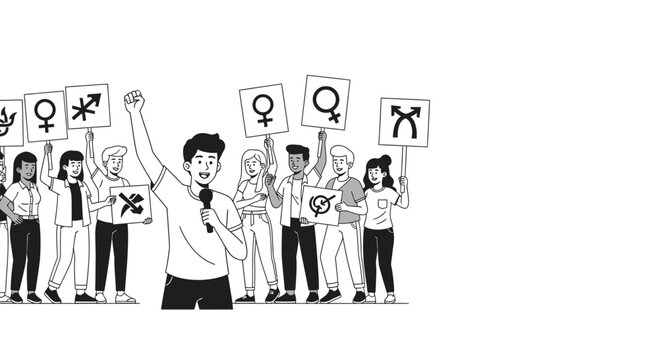 Diverse group of people protesting for gender equality and rights.