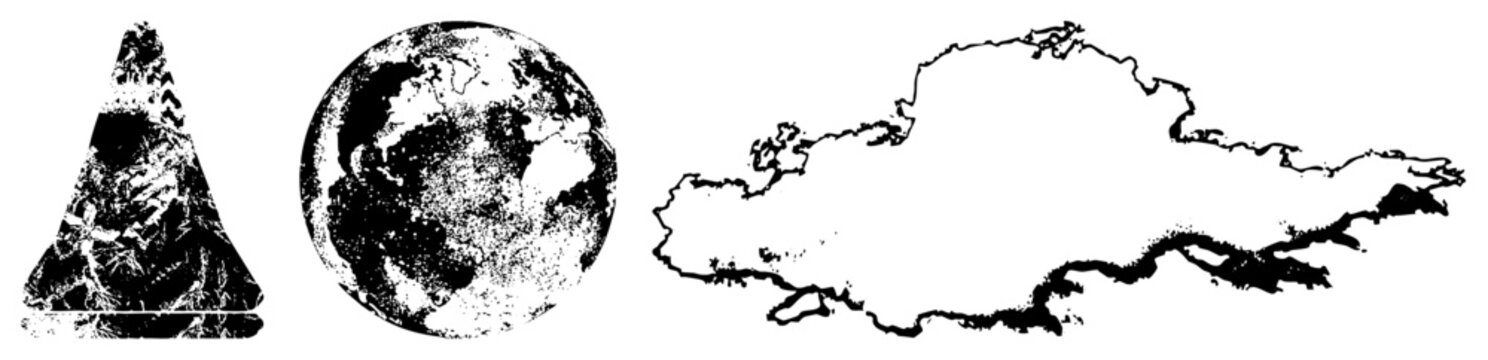 Vector halftone globe with continents, textured cone shape, isolated map, graphic design elements, black and white illustration.