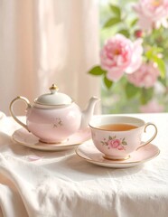 Fototapeta premium Elegant Pink Teapot and Teacup Set with Floral Design on a White Tablecloth.