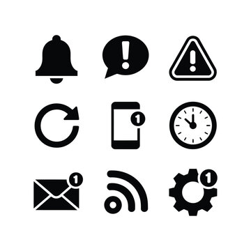 Notification interface icons set, bell reminder, exclamation badge, smartphone screen, clock timer, email notice, rss signal, settings gear, vector pack