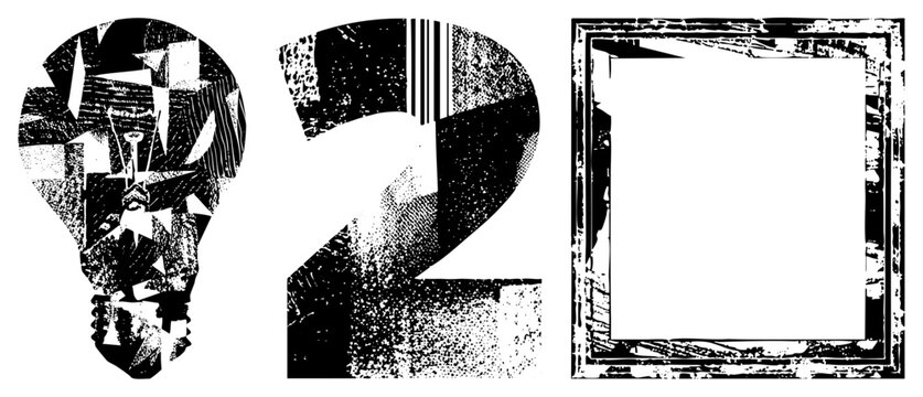Stylized halftone vector bulb with geometric, bold number two, empty frame, textured, graphic design elements.