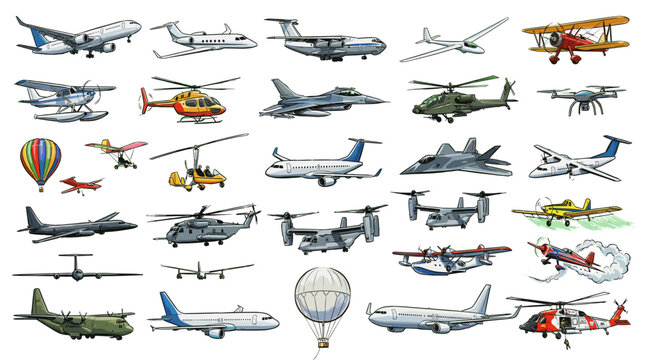 A comprehensive collection of diverse aircraft illustrations, showcasing various types of planes, helicopters, and balloons.