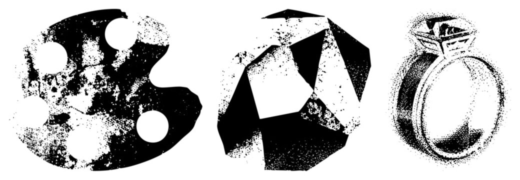 Black and white halftone vector illustrations of artist&rsquo;s palette, multifaceted gemstone, and diamond solitaire ring, stylized with gritty texture and bold geometric forms.