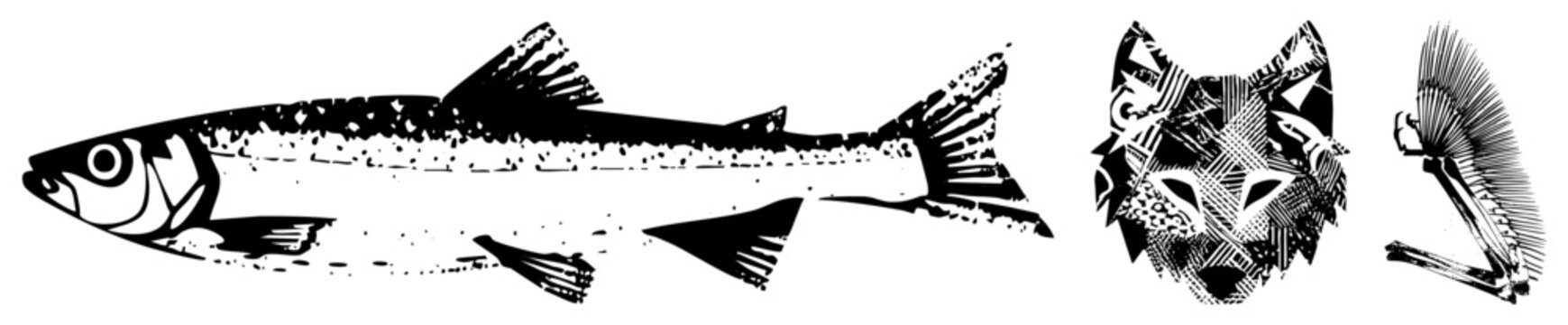 Black and white vector illustrations featuring a fish, wolf head, and bird in halftone, isolated graphic elements, graphic design motifs, artistic silhouettes, art.