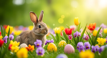 Fototapeta premium Easter bunny sitting among colorful spring tulips and decorated eggs in sunny garden.