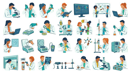 Fototapeta premium A comprehensive collection of illustrations depicting scientists and researchers engaged in various laboratory experiments and scientific research activities.