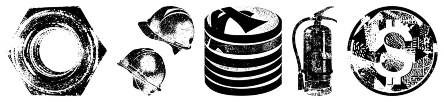 Set of safety and finance symbols including hex nut, hard hats, server stack, fire extinguisher, and dollar coin, rendered in gritty halftone style for industrial or tech themes.