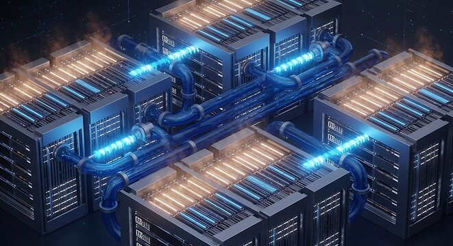 Futuristic server room with glowing blue pipes and orange lights representing data flow and advanced technology infrastructure