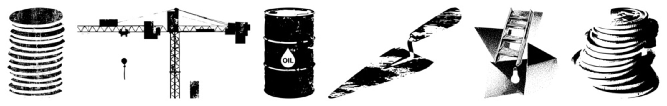 Industrial crane, oil drum, trowel, ladder, hose. Flat vector graphics for UI, web, print, engineering, logistics, safety, manufacturing, equipment, planning, resource mgmt.