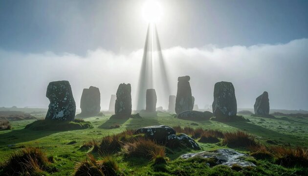 Mystical Callanish Standing Stones on the Isle of Lewis with Sun Rays.