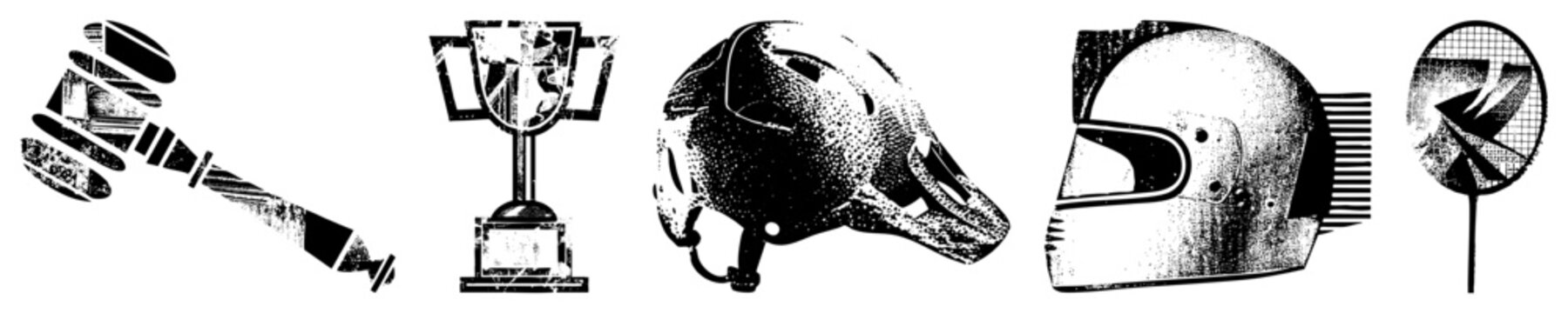 Black and white halftone vector of a gavel, trophy, hockey helmet, motorcycle helmet, and badminton racket classic sports and judicial symbols rendered in gritty texture.