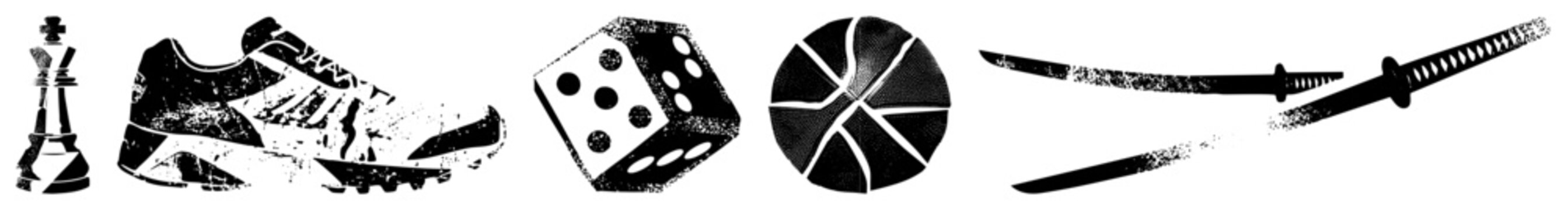 Stylized chess king, athletic sneaker, dice, basketball, samurai swords isolated vector graphics with halftone texture and distressed effect.