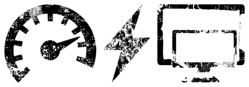 Weathered black featuring speedometer, lightning bolt, and monitor, gritty texture, digital interface symbols, vector graphic design.