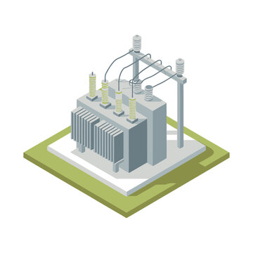 Isometric electrical substation yard, transformer bay, high voltage equipment, grid infrastructure, power distribution, utility asset, clean vector illustration, engineering design