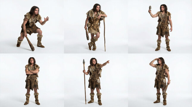 Set of prehistoric caveman character poses with primitive weapons, isolated on a white background.