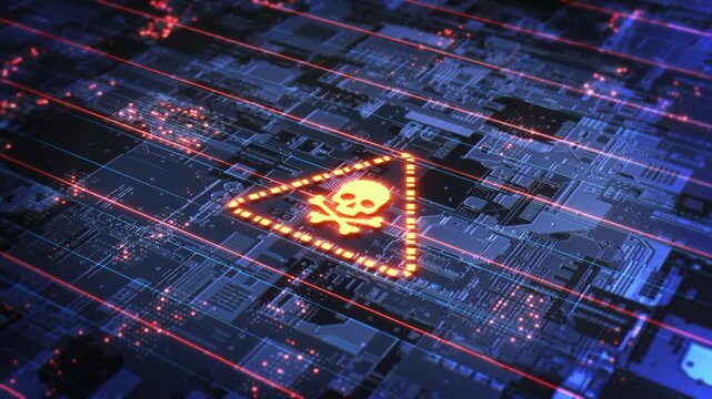 Cybersecurity Threat Warning Circuit Board advanced circuit board with red data lines cyber attack system breach. cybersecurity awareness, hacking concepts, malware alerts, digital risk presentations.