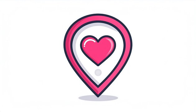 A pink heart enclosed within a location pin, suggesting love and a specific place, on a stark white background