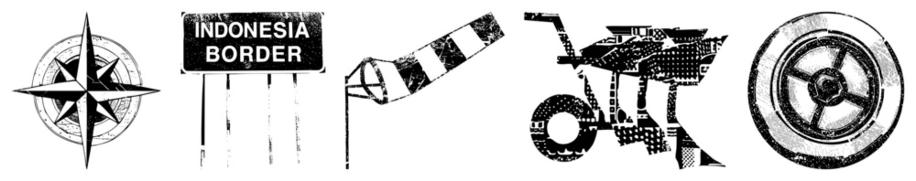 Set of five black and white vector compass rose, Indonesia border sign, windsock, tractor, wheel each with halftone texture and isolated design for UI or maps.