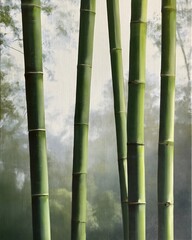 Fototapeta premium Serene Forest Scene: Close-up of Vibrant Green Bamboo Stalks with Subtle Foggy Background and Soft Sunlight Highlights