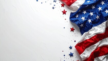 Obraz premium Stars and Stripes Reverie: A patriotic scene unfolds with the American flag gracefully draped alongside scattered stars, evoking a sense of national pride and unity.