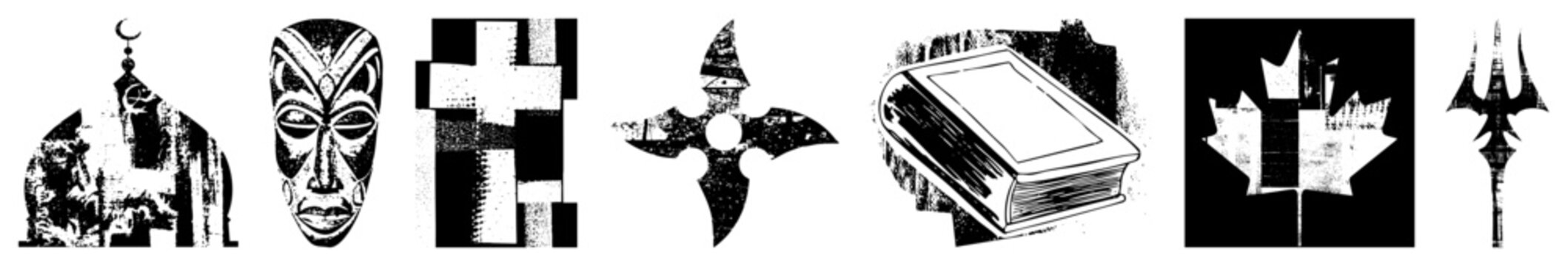 Religious and cultural emblems rendered as bold black and white vector mosque, tribal mask,, shuriken, book, maple leaf, trident each with halftone texture and isolated design.