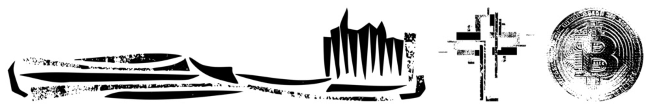 Stylized black vector shapes resembling buildings and digital, Bitcoin symbol, modern architectural forms, graphic design elements, digital art composition.
