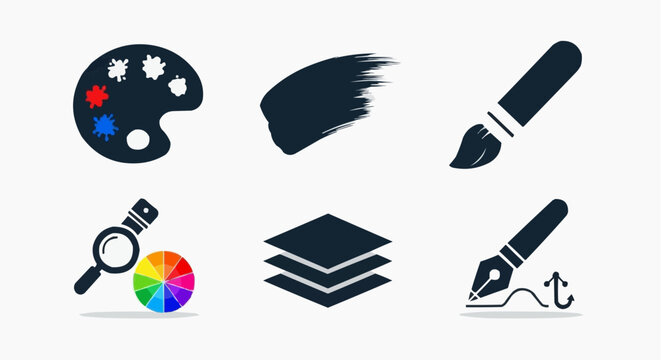Graphic design icon set, creative art studio tools collection, vector illustration of paint palette, brush stroke, layers and fountain pen