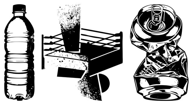 Plastic water bottle, soda can with pull tab, and glass with fizzy splash, rendered in bold black and white vector art with halftone texture.