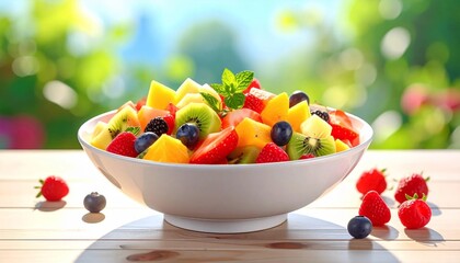 Naklejka premium Vibrant and Colorful Fresh Fruit Salad in a White Bowl on a Wooden Table with a Blurry Green Background.