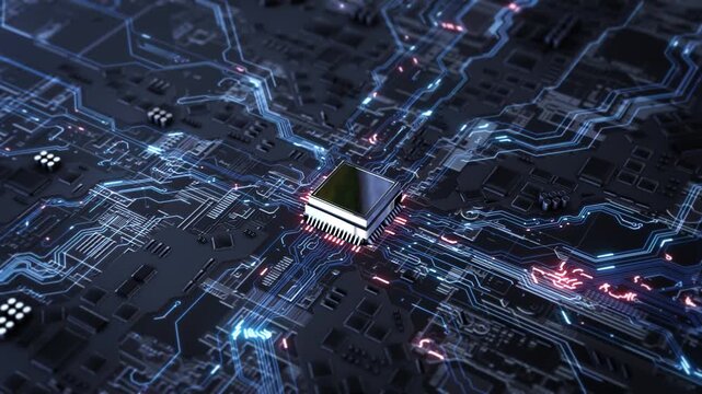 Advanced Microchip Technology Close Up processor microchip mounted on circuit board flowing data lines. electronics manufacturing, semiconductor industry, innovation branding, high tech corporate