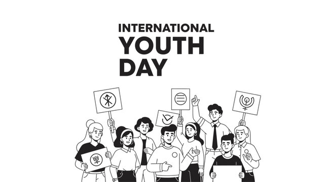 Group of diverse young people holding protest signs for International Youth Day.