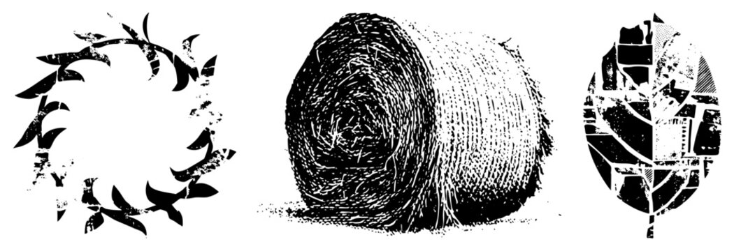 Stylized black and white halftone graphics featuring laurel wreath, hay bale, and leaf motif, rustic vector art, graphic design elements, vintage texture.