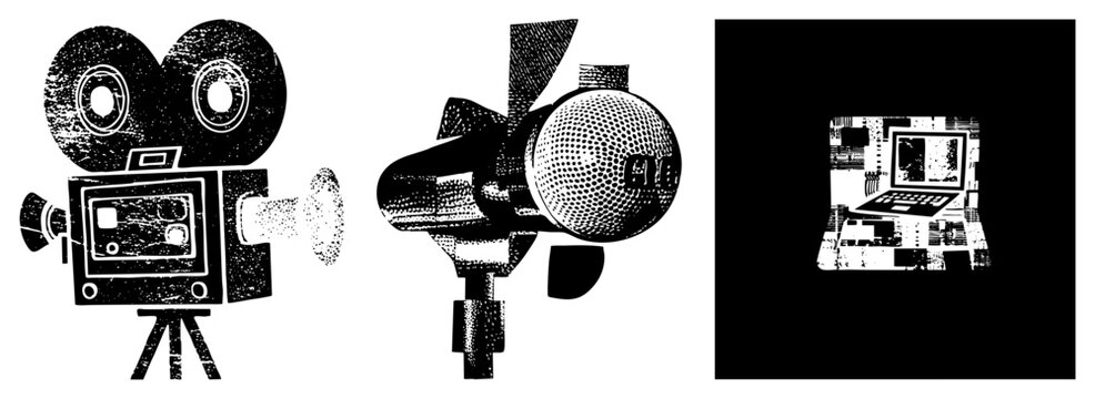 Retro film camera on, studio microphone with grid, laptop with glitch effect, all in distressed halftone style, vector.