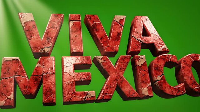 Letrero 3D Viva M&eacute;xico con textura de piedra roja sobre fondo verde, ideal para celebraciones patri&oacute;ticas, Cinco de Mayo e Independencia mexicana en redes sociales y publicidad.