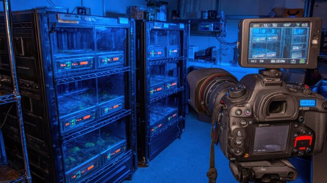 Sophisticated atmospheric sensors regulating air flow in a modern scientific research laboratory setup with advanced camera equipment