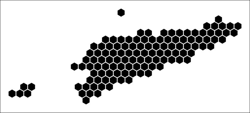 Timor-Leste simple black and white hexagon map shape template. Country plain hexagon cell dots. Timor-Leste flat honeycomb boundary. Vector Illustration.