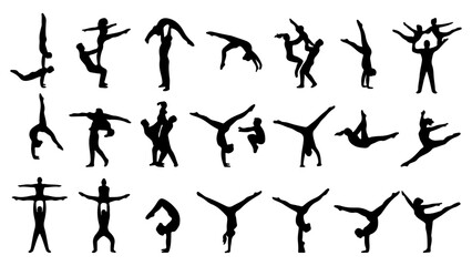 Acrobatics and gymnastics silhouettes set, 21 vector elements of athletes performing stunts, black figures of circus performers and cheerleaders © Faisal