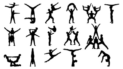 Acrobatic gymnastics silhouettes set, 17 vector elements of cheerleading stunts and human pyramids, athletic circus performers in balance poses © Faisal